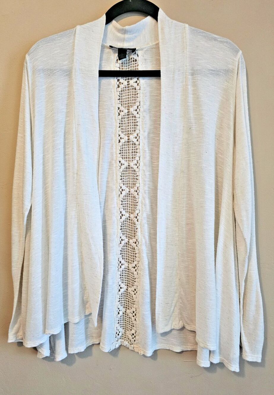 Cardigan Womens L off white  3/4 Sleeve Open Front cardigan, Crochet Back